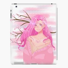 a girl with pink hair and flowers on her head is standing in front of a tree