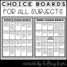 a black and white photo with the words choice boards for all subjects