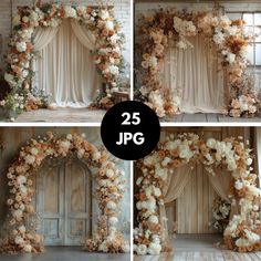 the wedding arch is decorated with flowers and draping