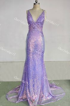 Purple Fitted V-neck Gown, Fitted Bodice Mermaid Dress With Sweep Train, Purple Mermaid Dress With Fitted Bodice For Prom Season, Purple Fitted Gown With Mermaid Hem, Fitted Purple Gown With Mermaid Hem, Lavender Party Dress With Sweep Train, Fitted Purple Gown With Sweetheart Neckline, Purple Fishtail Formal Evening Dress, Lavender Dress With Sweep Train For Party