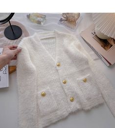 Style: commuting Size: one size Color: blue, black, white, pink Mohair Sweater, Black White Pink, Long Sleeve Top, Sweater Cardigan, Blue Black, Long Sleeve Tops, Sleeve Top, Color Blue, Black White