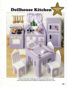 an advertisement for dollhouse kitchen with furniture and accessories in the front, as well as pictures on the back