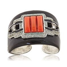 Shop the Kenneth Jay Lane Black Enamel Coral Deco Cuff Bracelet at HAUTEheadquarters.com Luxury Enamel Cuff Bracelet, Elegant Enamel Cuff Bracelet For Formal Occasions, Luxury Enamel Cuff Bracelet Bangle, Luxury Enamel Cuff Bangle Bracelet, Luxury Enamel Cuff Bangle, Channel Setting, Art Deco Jewelry, Kenneth Jay Lane, Leather Cuffs