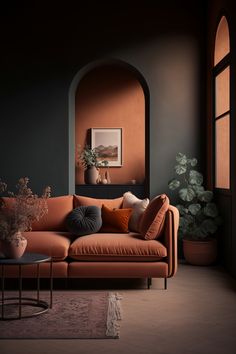 a living room with an orange couch and potted plants on the table in front of it