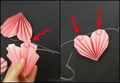 two pictures showing how to make a heart - shaped origami decoration with red thread