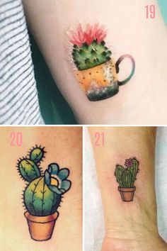 three different tattoos on the wrist and foot, each with a cactus in a pot