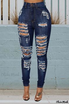 Olivia Mark - Premium Dark Indigo Denim with Fashionable Distressed Details Womens Ripped Jeans, Blue Swimwear, Denim Pants Women, Long Jeans, Colored Jeans, Ripped Jeans, Jeans Denim, Blue Fashion, Jeans Style