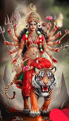 the hindu goddess and tiger is depicted in this painting