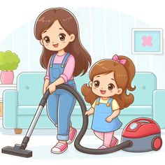 Mother And Her Daughter, Cleaning The House, Background Powerpoint, Myself Status, Cute Cartoon Drawings, 3d Cartoon, A Mother, Character Illustration, Cartoon Drawings