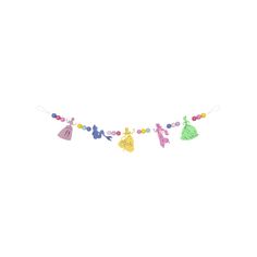 an image of a birthday banner with princesses and balloons hanging from the side on a string