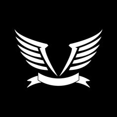 a black and white logo with two wings on the front, one wing has a ribbon around it