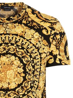 100% Cotton Luxury Short Sleeve T-shirt With Graphic Print, Luxury Gold Short Sleeve Tops, Designer Fitted T-shirt With Graphic Print, Elegant Gold Crew Neck Top, Designer Fitted Short Sleeve T-shirt, Luxury Gold Tops With Graphic Print, Luxury Gold Top With Graphic Print, Luxury Short Sleeve Tops With Graphic Print, Elegant Crew Neck Top With Graphic Print