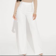 White High Waisted Dress Pants. High Waist, Back Zipper, Wide Leg Flare Pant, Stretch. 32” Inseam 96% Polyester 4% Spandex White High-waisted Dress Pants For Formal Occasions, White Fitted Wide-leg Pants, Formal White Full-length Pants, Fitted High-waisted White Wide Leg Pants, White Non-stretch Wide-leg Pants, White Flare Pants, High Waisted Dress, White Dress Pants, High Waisted Dress Pants