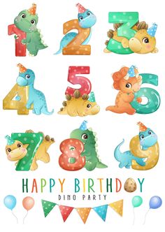 an image of a birthday card with numbers and animals in the form of balloons on white background