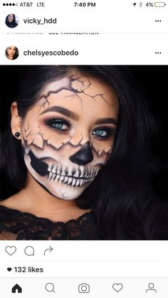 Women’s Halloween Make Up Ideas, Half Skull Makeup Halloween, Glam Skeleton Makeup Halloween, Half Skull Makeup Tutorial, Womens Skeleton Costume Make Up, Women’s Skull Makeup, Cracked Skull Makeup, Facepaint