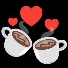 two mugs with hot chocolate and hearts floating out of them on a black background