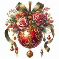 a christmas ornament with roses and bells on it's side, hanging from a gold ribbon