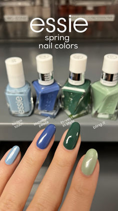 spring into the season with blues and greens in long-lasting formulas Essie Nails, Nails Pedicure, Wow Nails, Colorful Nail, Soft Nails, Blues And Greens, Colorful Nail Designs