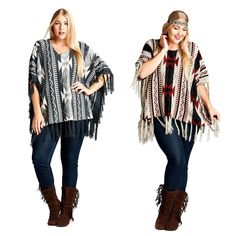 Women's Top Velezra    Perfect weight poncho sweater for layering. The Aztec tribal print is wonderful. The pull over poncho styling makes for easy on & off. The stretch sweater knit fabric is extremely comfy to wear and assures great fit. This jacket features a 5" bush fringe all around the edge. You will love the feel and styling of this poncho. Velezra is well known for the boho pheasant bohemian look in their fashions. Velezra is found in the finest boutiques and department stores everywhere Casual Winter Festival Sweater, One Size Hippie Outerwear For Fall, Poncho Styling, Cardigan Styling, Poncho With Sleeves, Womens Poncho, West Coast Fashion, Poncho Wrap, Poncho Cardigan