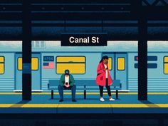 two people sitting on a bench in front of a train at a subway station with the words canal st above them