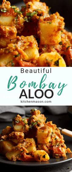 a plate with some food on it and the words, beautiful bonbaay aloo