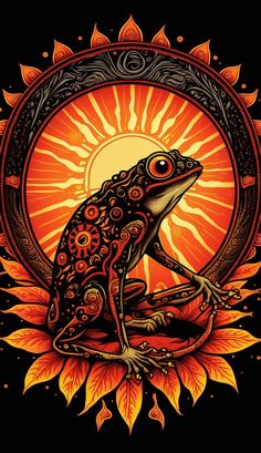 a frog sitting on top of a sunflower in front of a black and orange background