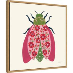 a pink and green bug with red flowers on it