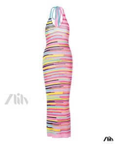 Zlily - Printed Collar Backless Strappy Knitted Dress Trendy Knitted Spring Dresses, Fitted Knitted Maxi Dress For Spring, Multicolor Stretch Halter Neck Maxi Dress, Multicolor Ribbed Dresses For Spring, Spring Knitted Fitted Maxi Dress, Spring Fitted Knitted Maxi Dress, Striped Knit Dresses For The Beach, Spring Multicolor Ribbed Dresses, Multicolor Stretch Knit Dresses