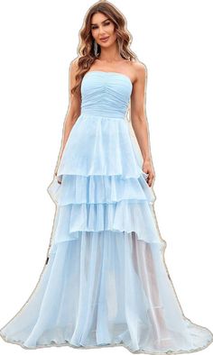 Tiered Chiffon Prom Dress, Light Blue Chiffon Dress With Ruffles, Light Blue Chiffon Maxi Dress With Ruffles, Light Blue Chiffon Party Dress, Light Blue Fitted Chiffon Dress, Tiered Chiffon Dress For Party, Light Blue Flowy Chiffon Dress, Blue Chiffon Maxi Dress For Prom, Blue Chiffon Maxi Dress For Prom Season