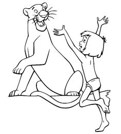 Mowgli Gives Bagheera a Hug Coloring Page Movie Printables, Disney Printables Free, Disney Patterns, Disney Colouring Pages