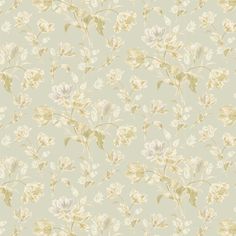 a floral wallpaper with white flowers and green leaves on a light blue background in pastel colors