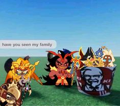 several cartoon characters are standing in front of a cup with the caption have you seen my family?