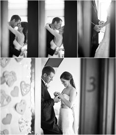 the bride and groom are getting ready for their wedding ceremony in black and white photos