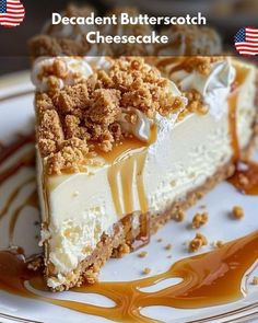 a piece of cheesecake on a plate with caramel drizzle and an american flag in the background