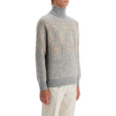 Brunello Cucinelli turtleneck sweater in cotton-alpaca blend with geometric jacquard motifs. Regular fit. The model is 6'1" and wears size IT 48. Brunello Cucinelli Men, Skirt Swimsuit, Raglan Sweater, Versace Outfit, Sweater Sale, Trouser Jeans, Brunello Cucinelli, Geometric Patterns, Retro Inspired