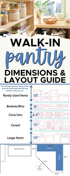 a poster with the words walk - in pantry dimensionss and layout guide on it