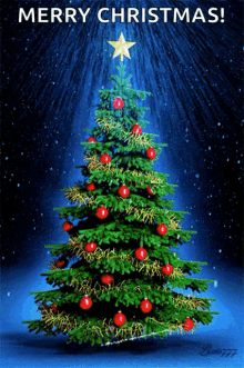 a painting of a christmas tree with red balls on it's bottom and stars above