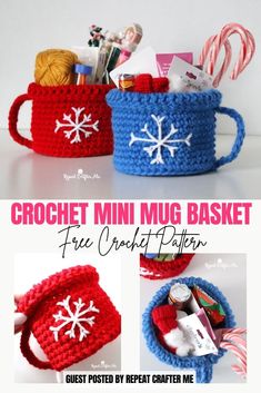 crochet mini mug basket with snowflakes and candy canes in it