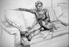 a pencil drawing of a woman sitting on a couch with her legs spread out,