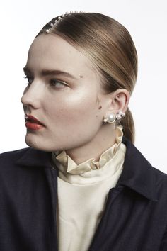 Lady gone rouge, our new ear climbers mix feminine pearls worn in the most modern way. Made in NYC White Ear Climbers For Formal Occasion, Elegant Evening Ear Climbers, Black Tie Optional, Glam Boho, Halo Headband, Nyc Studio, Headband Jewelry, Elevated Basics, Ear Climbers