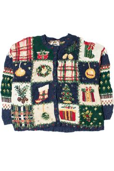 a child's sweater with christmas decorations and presents on the front, all in different colors