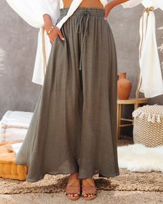 Stolen Moment Pocketed Maxi Skirt - Olive Bohemian Skirt With Drawstring, Bohemian Drawstring Skirt, Spring Long Skirt With Drawstring, Spring Drawstring Long Skirt, Solid Drawstring Long Skirt, Flowy Maxi Bottoms With Elastic Waistband, Maxi Length Bottoms For The Beach, Kimono Crop Top, Flowy Maxi Skirt