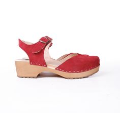 NEW SUEDE LEATHER CLOGS  MADE FROM NATURAL SUEDE LEATHER AND NATURAL ALDER WOOD Clogs Sandals for Women  Low heel  ergonomic wooden sole and soft leather. made to order. Available in sizes 36-41. For other sizes please contact me EUR 35 l UK 2.5 l AUS 4.5 l USA 5 l up to 22.3cm l 8.78 inches  EUR 36 l UK 3.5 l AUS 5.5 l USA 6 l up to 23cm l 9.02 inches EUR 37 l UK 4 l AUS 6 l USA 6.5 l up to 23.7cm l 9.33 inches  EUR 38 l UK 5 l AUS 7 l USA 7.5 l up to 24.5cm l 9.65 inches EUR 39 l UK 6 l AUS 8 l USA 8.5 l up to 25.3cm l 9.96 inches EUR 40 l UK 7 l AUS 9 l USA 9 l up to 25.9cm l 10.2 inches EUR 41 l UK 7.5 l AUS 9.5 l USA 9.5 l up to 26.6cm l 10.47 inches EUR 42 l UK 8 l AUS 10 l USA 10.5 l up to 27.2cm l 10.69 inches Hand crafted women's clogs are made using NATURAL LEATHER upper and WOOD Red Sandals With Leather Sole And Low Heel, Casual Clogs With Heel Loop And High Heel, Casual High Heel Clogs With Heel Loop, Casual High Heel Clogs With Buckle Closure, Casual Clogs With Ankle Strap And Rubber Sole, Casual Open Heel Clogs With Heel Loop, Red Clogs With Wooden Heel For Summer, Red Summer Clogs With Wooden Heel, Red Rubber Sole Mules For Summer