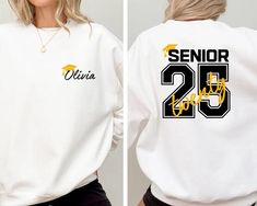 Custom Senior 2025 Sweatshirt, Graduation 2025 Hoodie, Senior Gift Graduation, Custom Name Graduation Gift,Class Of 25 Sweater,Senior Hoodie DESCRIPTION: Elevate your fashion game with our exclusive products. This eye-catching piece seamlessly blends unique design with modern comfort, making it a must-have addition to your wardrobe. Our products offer a soft touch against your skin, providing breathability that ensures you stay comfortable throughout the day. Remember, it's not just clothing; it White Long Sleeve Hoodie For School Spirit, Seniors Hoodies, Custom Print Crew Neck Shirt For Graduation, Hoodie For Seniors, Crew Neck T-shirt For Graduation Party, Customizable Crew Neck T-shirt For Graduation, Senior Sweatshirts, High School Graduation Gifts, Senior Shirts