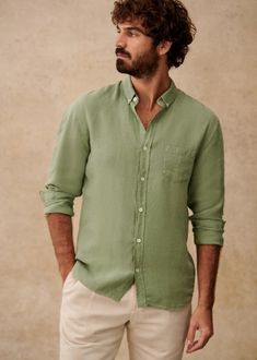 Linen Charlie Shirt - Light Green - Linen - Octobre Éditions Casual Linen Shirt With Button Closure, Spring Linen Shirt With Patch Pockets, Linen Button-up Shirt With Buttoned Pockets, Linen Shirt With Buttoned Pockets And Spread Collar, Long Sleeve Shirt With Patch Pockets For Summer, Casual Linen Shirt With Patch Pockets, Long Sleeve Summer Shirt With Patch Pockets, Summer Long Sleeve Shirt With Patch Pockets, Casual Shirt With Patch Pockets For Summer