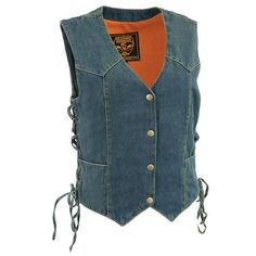 MilwaukeeLeatherMDL4001Women'sBlueSideLace4SnapFrontDenimVest Features Madeof14ozDenim-100%Cotton ClassicFourSnapFrontClosure AdjustableSideLaceDetailing 2LowerFrontCoinPockets SoftMeshInteriorLining 2InteriorPockets ConcealYourPiecewithDualInsideLeftandRightStoragePockets(CanBeUsedasRegularPockets) BuiltInsideMeshLining MilwaukeeLeather:MadeforRiders,BuilttoLast Size: L (LG)(Large).  Color: Blue. Motorcycle Leather Vest, Leather Jacket Zipper, Riding Vest, Short Coats Women, Collar Leather Jacket, Cropped Coat, Small Clothes, Motorcycle Women, Lady Biker