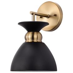 a black and gold wall light with an adjustable arm, on a white background the lamp is shaped like a cone