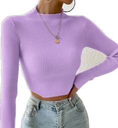 Purple Knit Crew Neck Top, Fitted Casual Sweater In Solid Color, Trendy Purple Knit Tops, Casual Soft Knit High Neck Top, Casual High Neck Soft Knit Top, Fitted Knitted Turtleneck Cropped Sweater, Purple Soft Knit Crew Neck Top, Solid Cropped Knit Sweater, Casual Purple Turtleneck Sweater