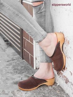 Swedish Velour Clogs For Women - Handmade Light Brown Sandals With Wooden Soles - Ladies Wood Sweden