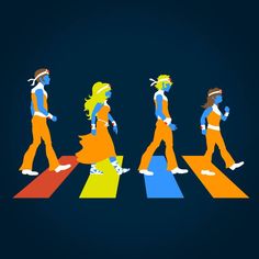 an image of the beatles walking across the rainbow colored crosswalk with their heads down